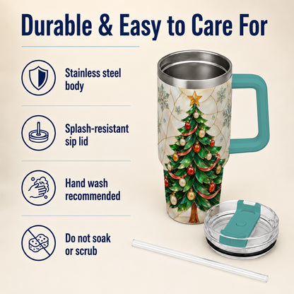 #pl[40oz|Green] Mosaic Tree 40oz Tumbler with Handle, Holiday Stainless Steel Travel Cup