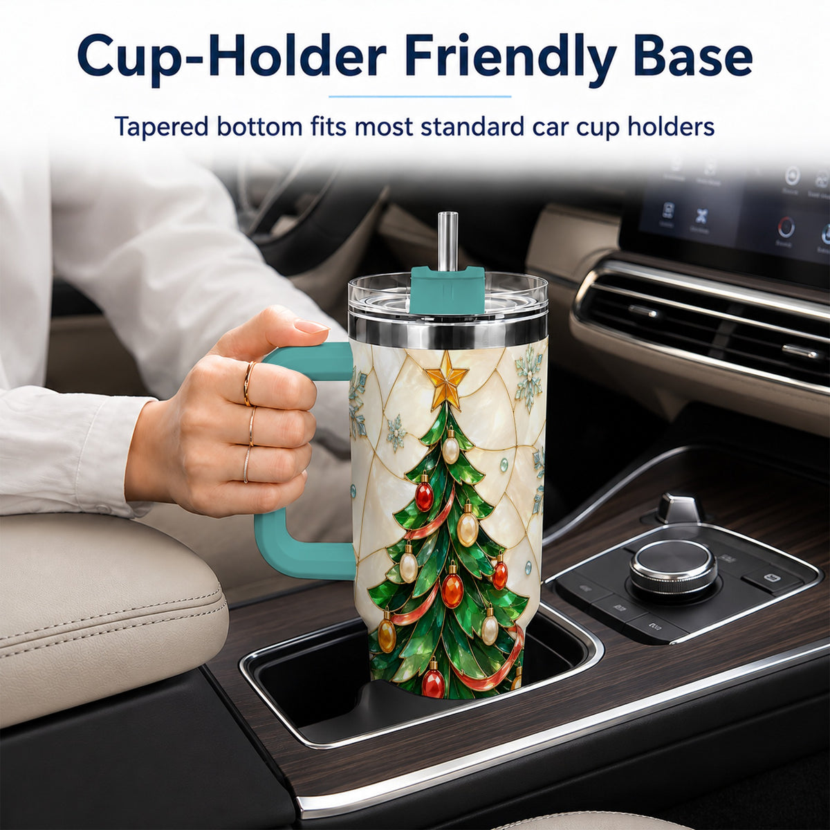 #pl[40oz|Green] Mosaic Tree 40oz Tumbler with Handle, Holiday Stainless Steel Travel Cup