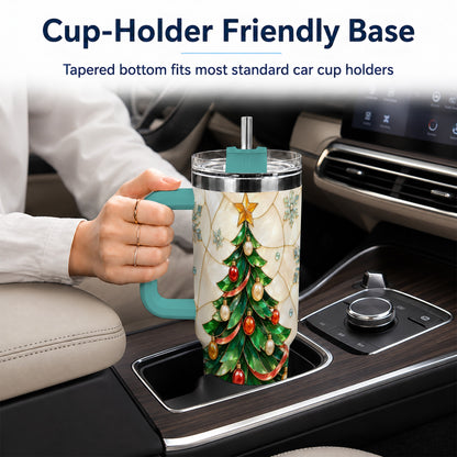 #pl[40oz|Green] Mosaic Tree 40oz Tumbler with Handle, Holiday Stainless Steel Travel Cup