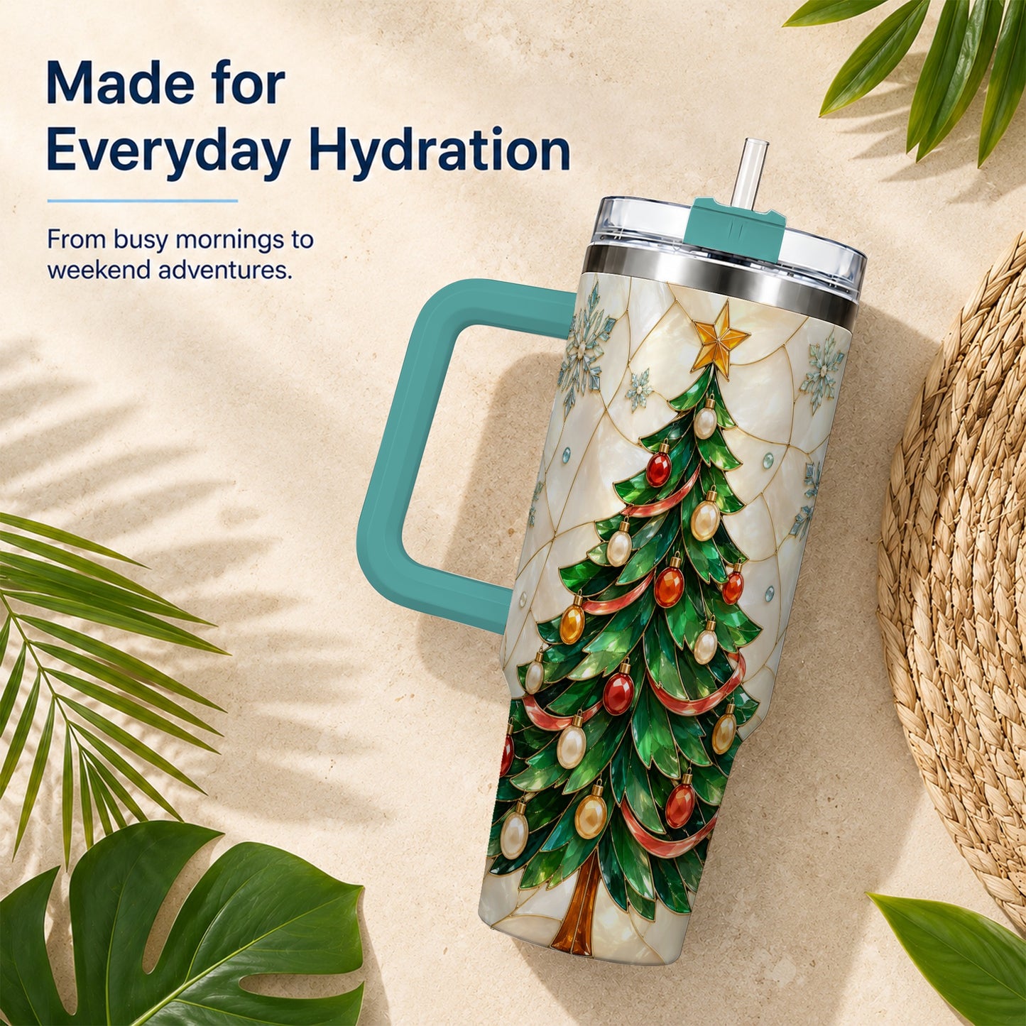 #pl[40oz|Green] Mosaic Tree 40oz Tumbler with Handle, Holiday Stainless Steel Travel Cup
