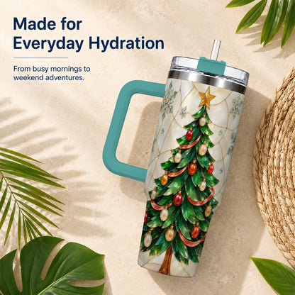#pl[40oz|Green] Mosaic Tree 40oz Tumbler with Handle, Holiday Stainless Steel Travel Cup