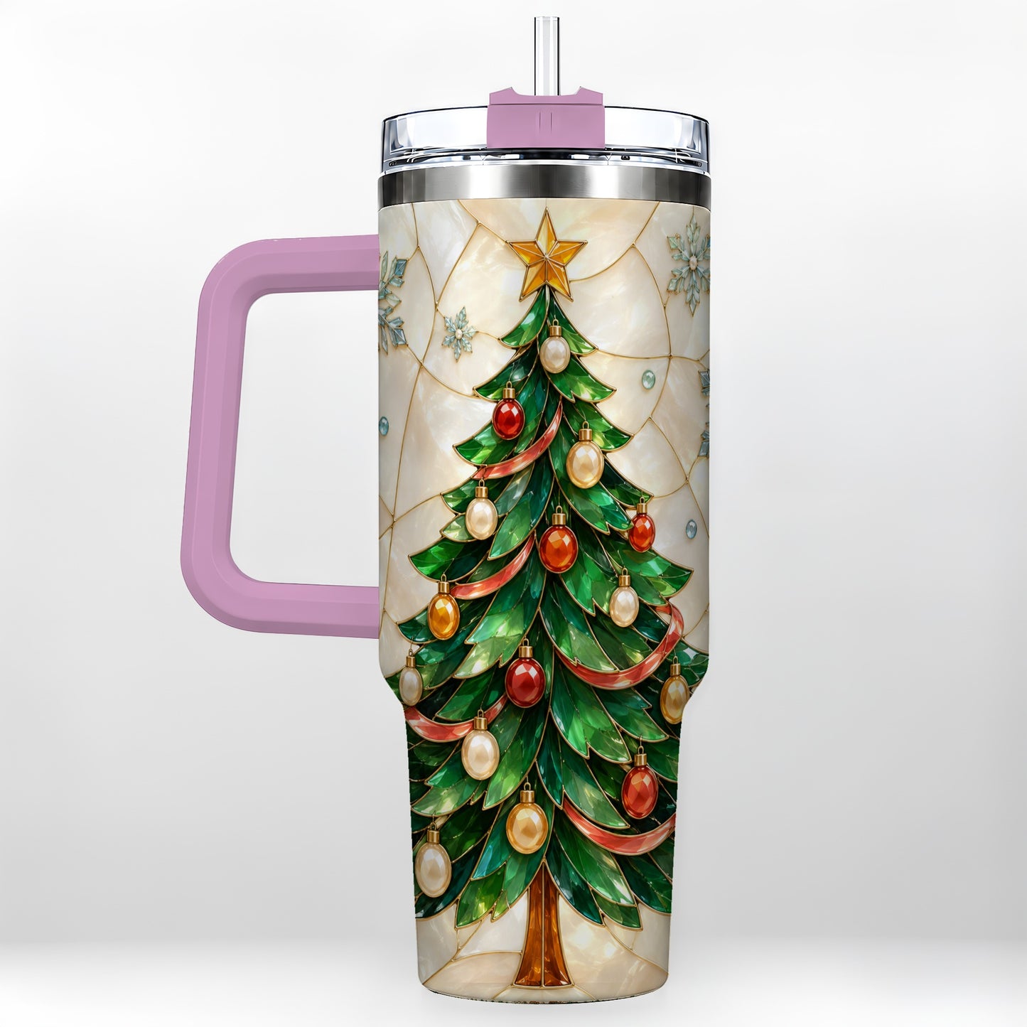 #pl[40oz|Pink] Mosaic Tree 40oz Tumbler with Handle, Holiday Stainless Steel Travel Cup