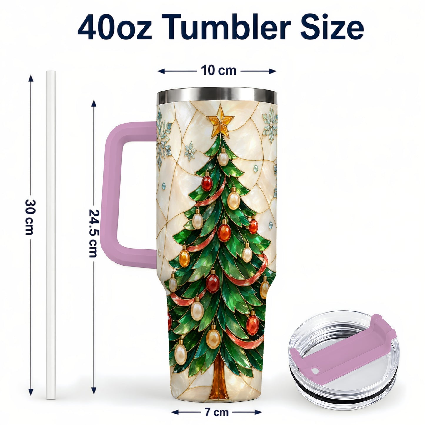 #pl[40oz|Pink] Mosaic Tree 40oz Tumbler with Handle, Holiday Stainless Steel Travel Cup