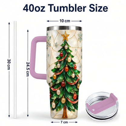 #pl[40oz|Pink] Mosaic Tree 40oz Tumbler with Handle, Holiday Stainless Steel Travel Cup
