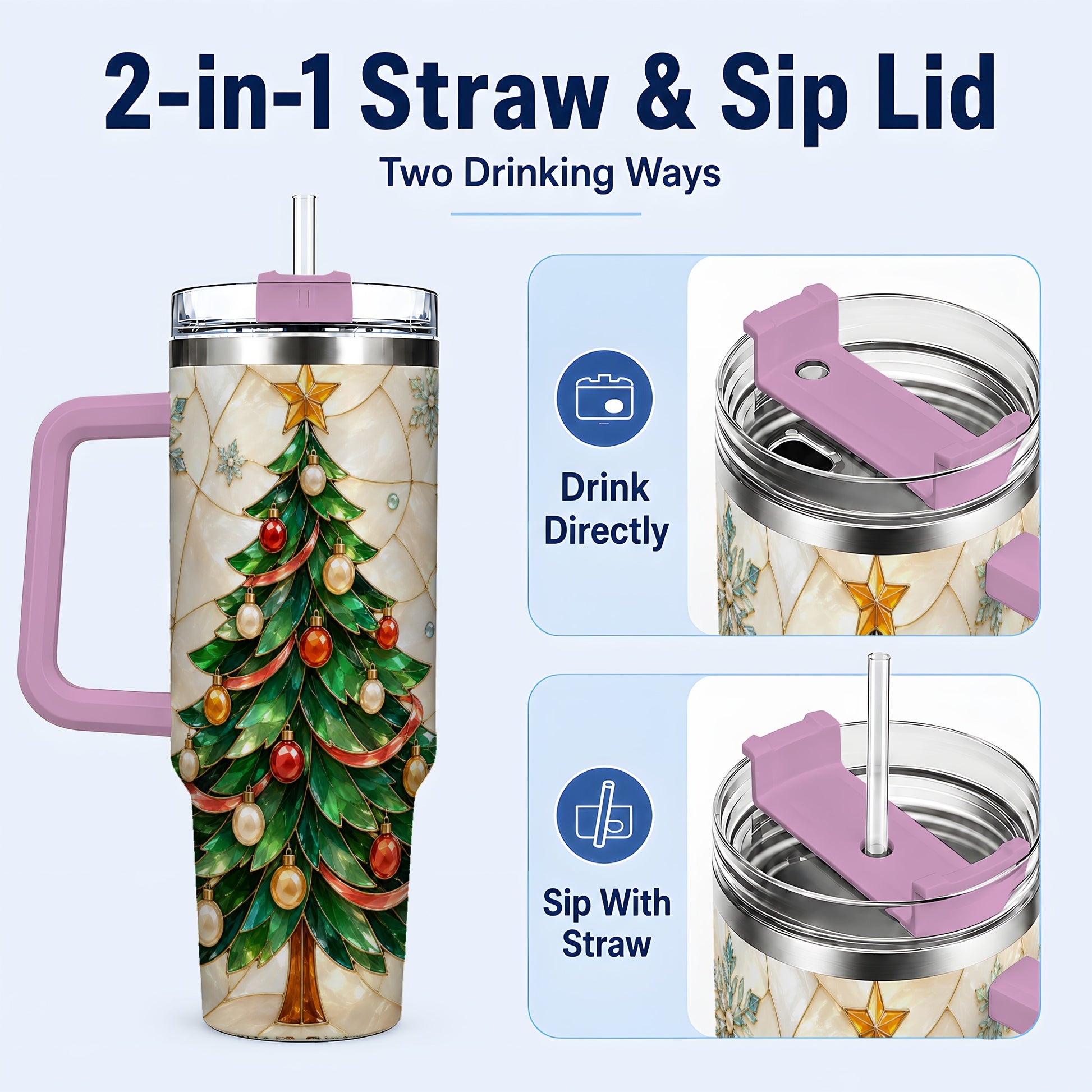 #pl[40oz|Pink] Mosaic Tree 40oz Tumbler with Handle, Holiday Stainless Steel Travel Cup
