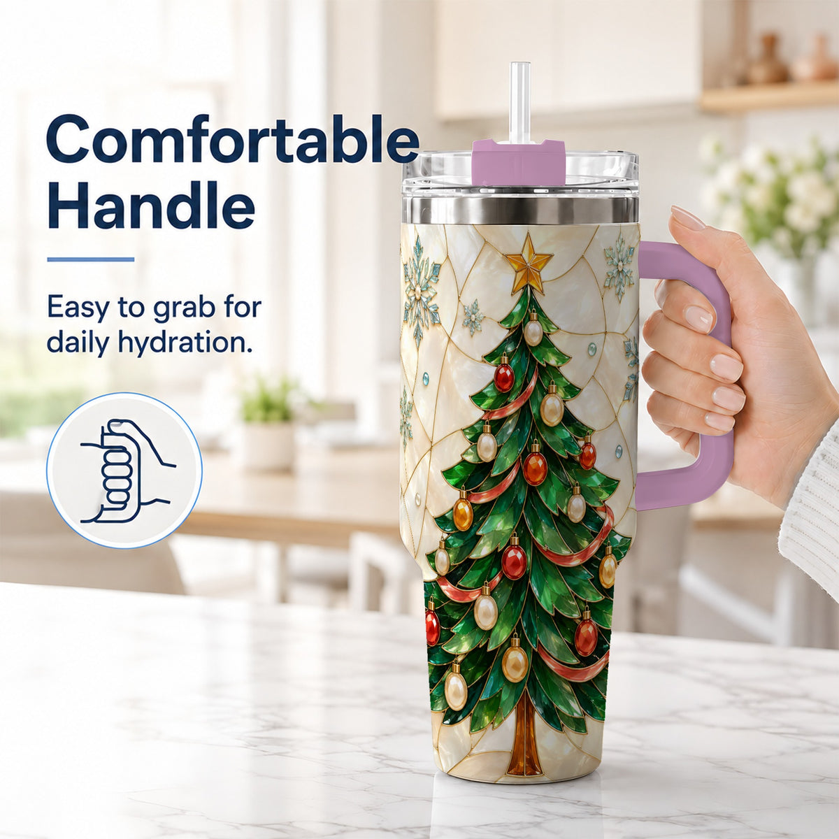 #pl[40oz|Pink] Mosaic Tree 40oz Tumbler with Handle, Holiday Stainless Steel Travel Cup