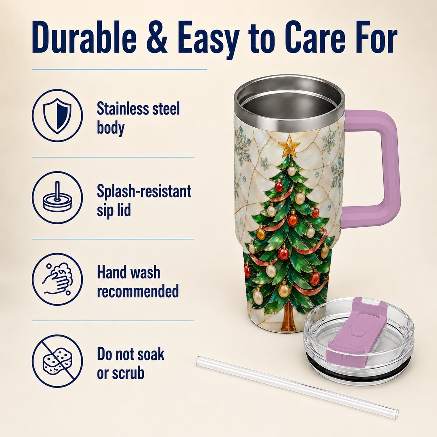 #pl[40oz|Pink] Mosaic Tree 40oz Tumbler with Handle, Holiday Stainless Steel Travel Cup