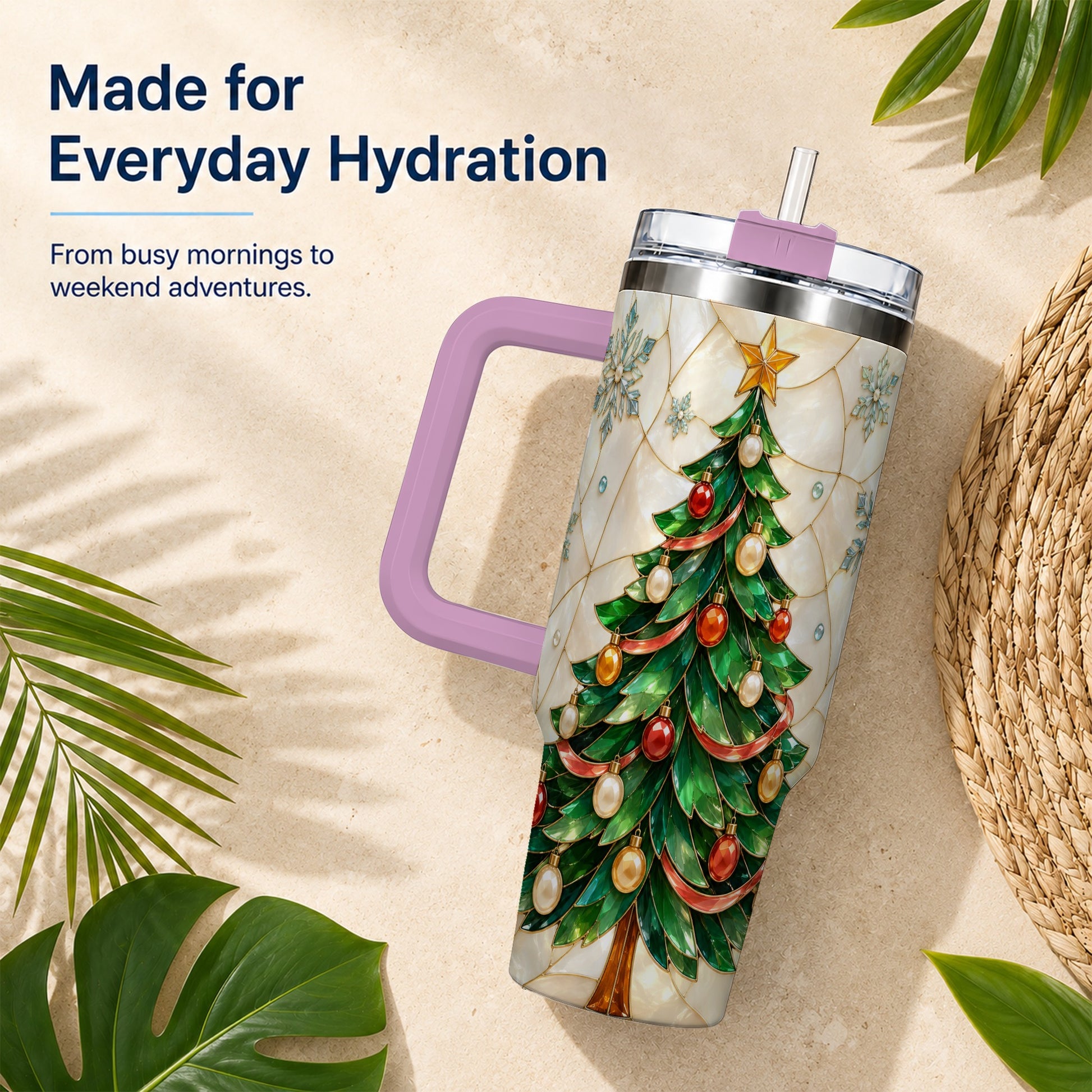 #pl[40oz|Pink] Mosaic Tree 40oz Tumbler with Handle, Holiday Stainless Steel Travel Cup