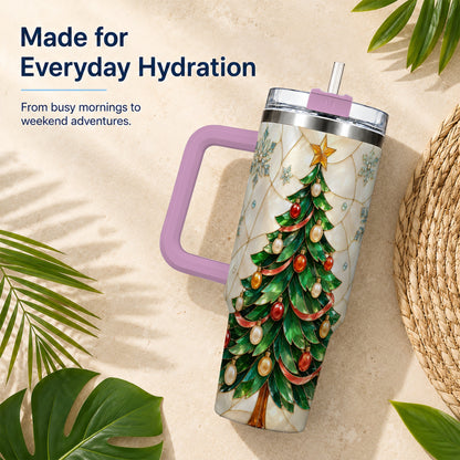 #pl[40oz|Pink] Mosaic Tree 40oz Tumbler with Handle, Holiday Stainless Steel Travel Cup