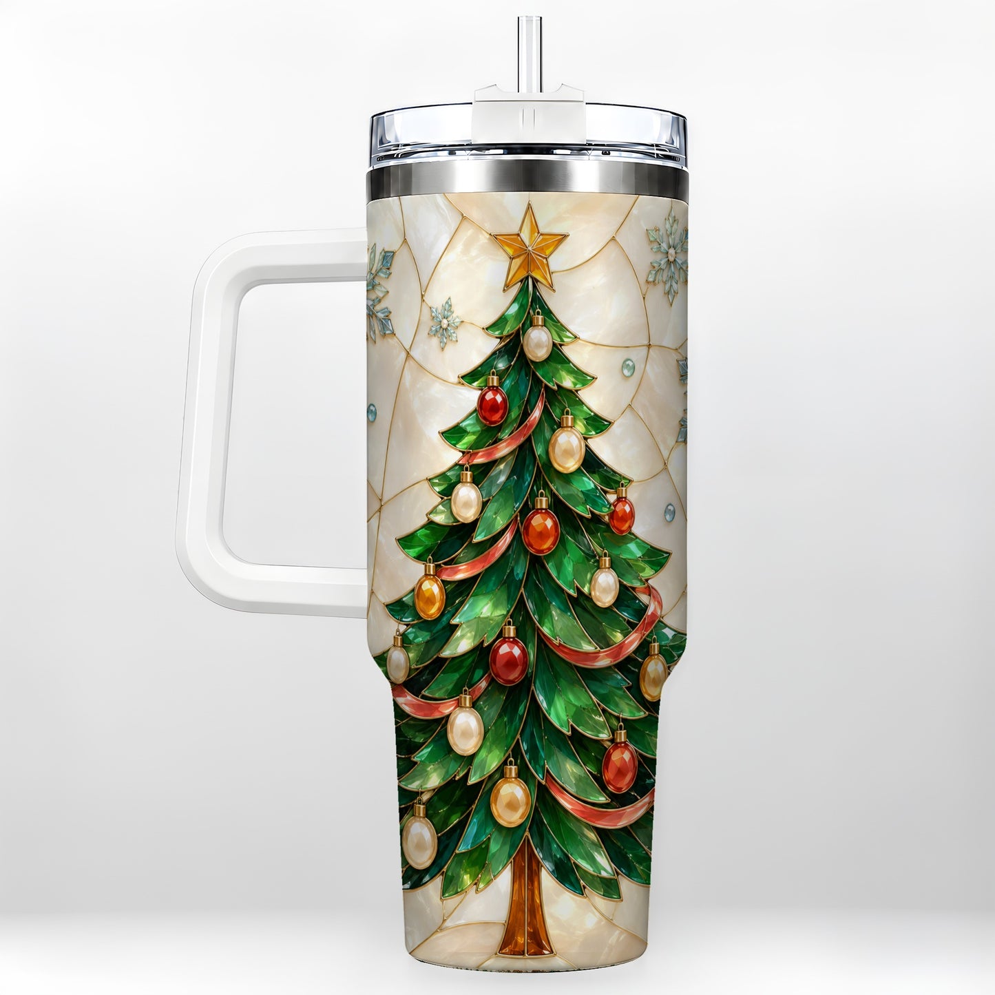Mosaic Tree 40oz Tumbler with Handle, Holiday Stainless Steel Travel Cup