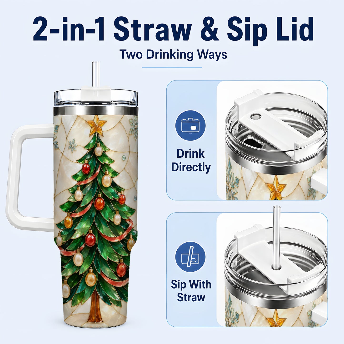 #pl[40oz|White] Mosaic Tree 40oz Tumbler with Handle, Holiday Stainless Steel Travel Cup