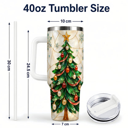 #pl[40oz|White] Mosaic Tree 40oz Tumbler with Handle, Holiday Stainless Steel Travel Cup