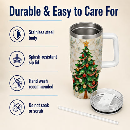 #pl[40oz|White] Mosaic Tree 40oz Tumbler with Handle, Holiday Stainless Steel Travel Cup