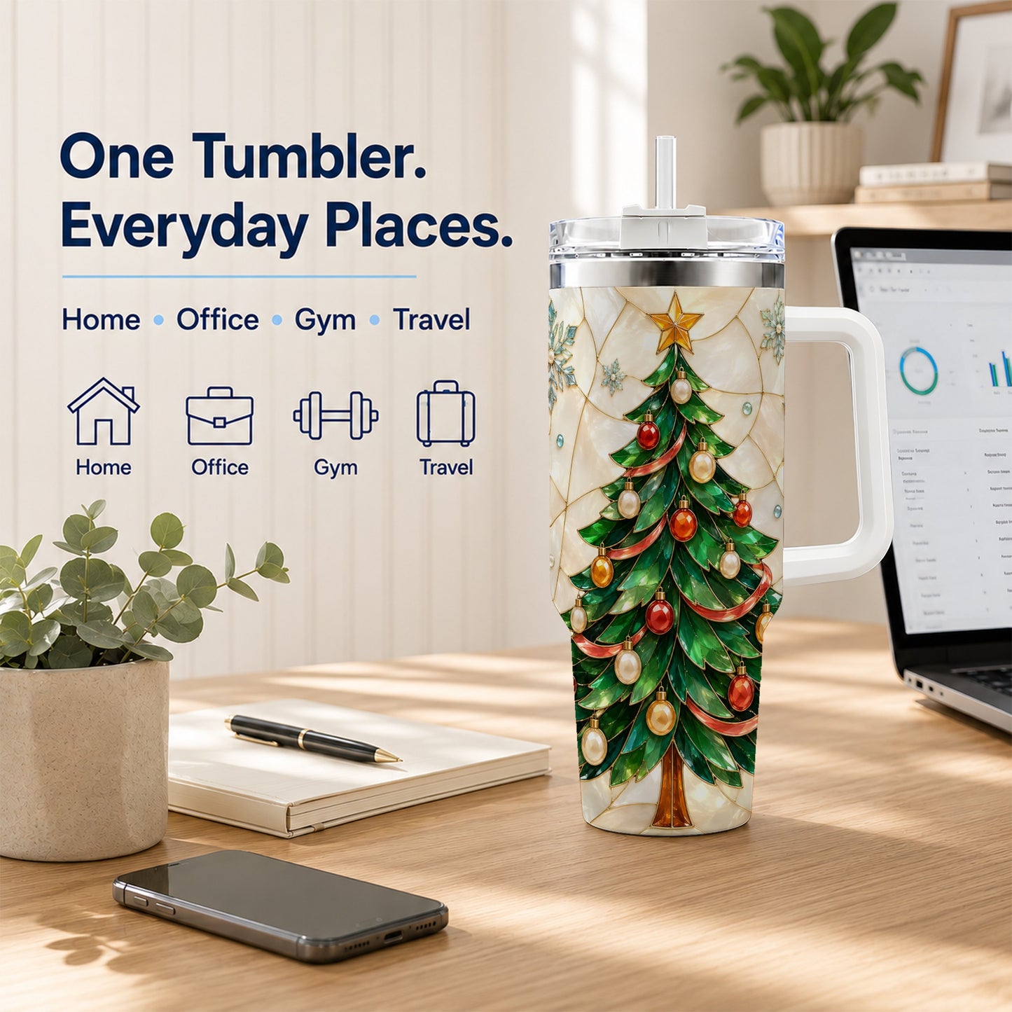 #pl[40oz|White] Mosaic Tree 40oz Tumbler with Handle, Holiday Stainless Steel Travel Cup