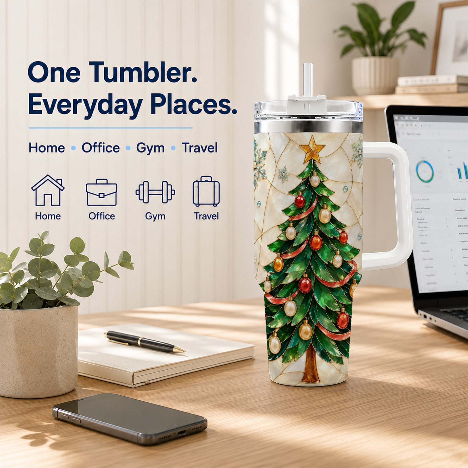 #pl[40oz|White] Mosaic Tree 40oz Tumbler with Handle, Holiday Stainless Steel Travel Cup