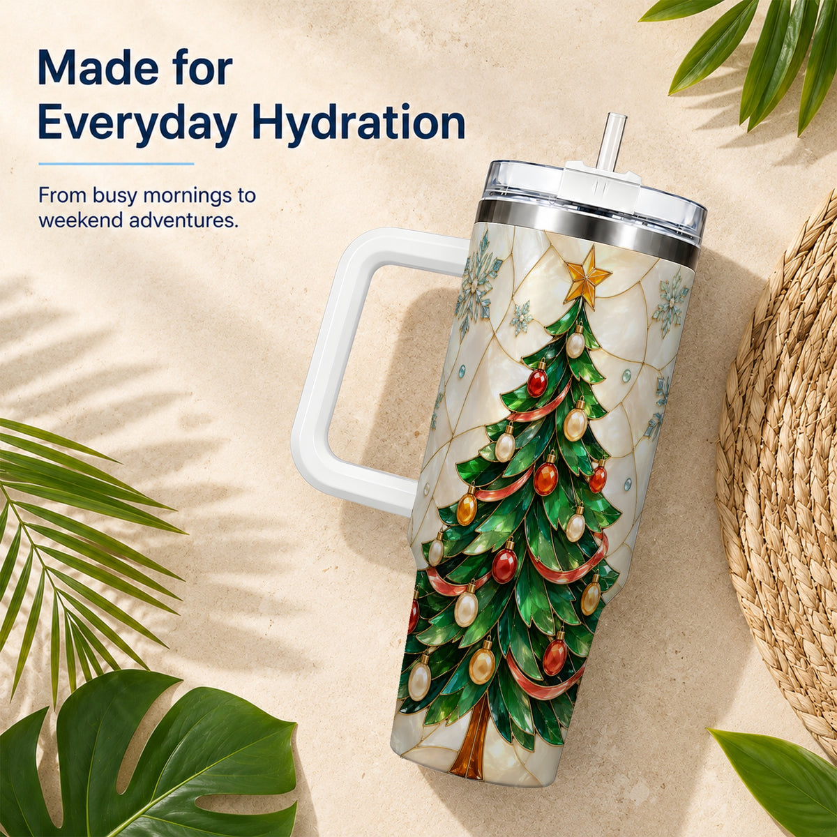 #pl[40oz|White] Mosaic Tree 40oz Tumbler with Handle, Holiday Stainless Steel Travel Cup