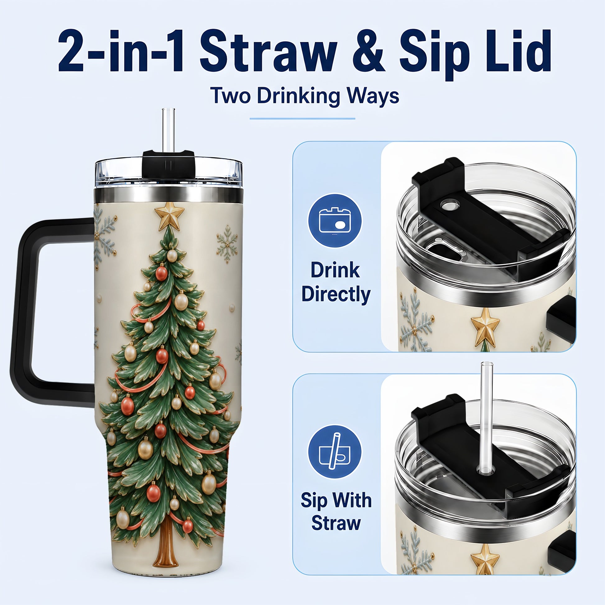#pl[40oz|Black] Classic Tree 40oz Tumbler with Handle, Holiday Stainless Steel Travel Cup