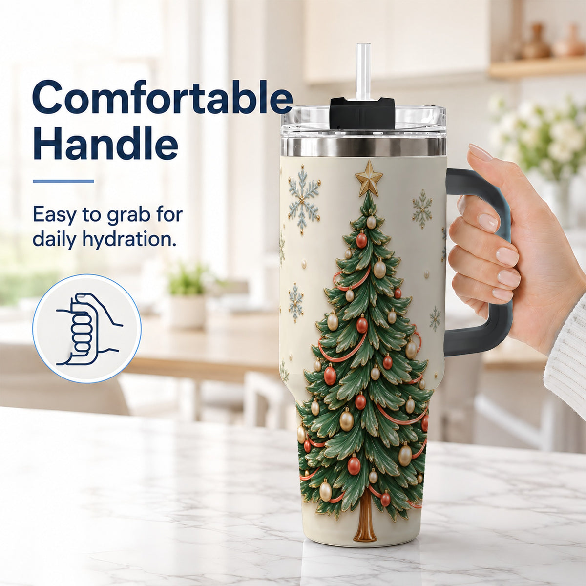 #pl[40oz|Black] Classic Tree 40oz Tumbler with Handle, Holiday Stainless Steel Travel Cup