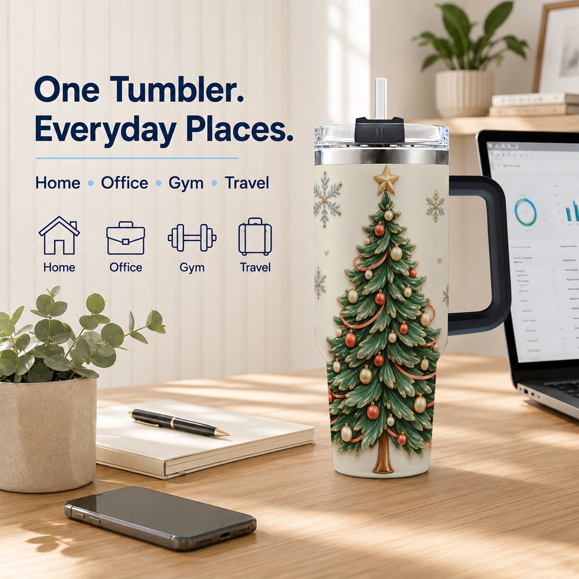 #pl[40oz|Black] Classic Tree 40oz Tumbler with Handle, Holiday Stainless Steel Travel Cup