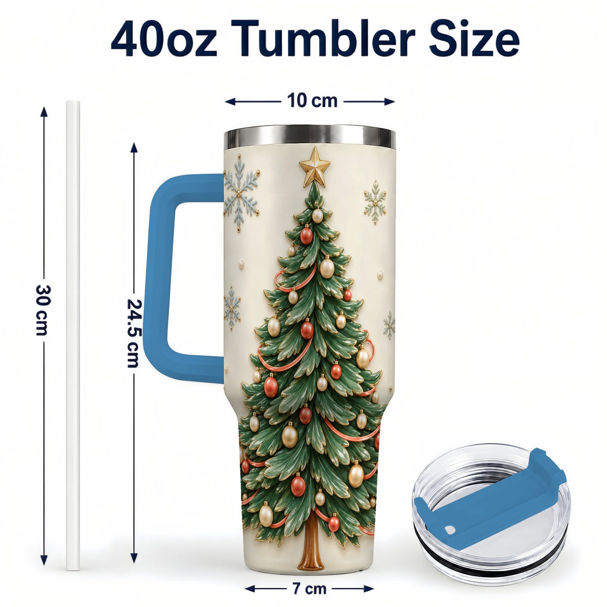 #pl[40oz|Blue] Classic Tree 40oz Tumbler with Handle, Holiday Stainless Steel Travel Cup