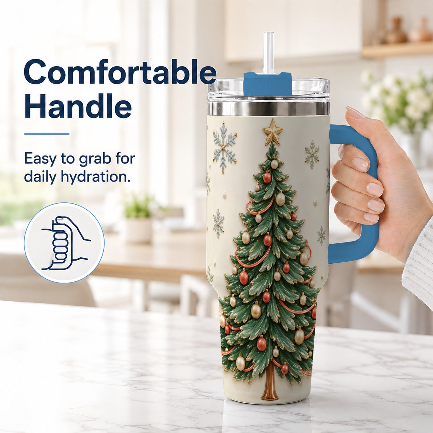 #pl[40oz|Blue] Classic Tree 40oz Tumbler with Handle, Holiday Stainless Steel Travel Cup