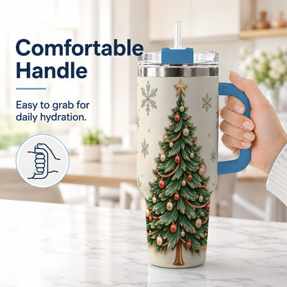 #pl[40oz|Blue] Classic Tree 40oz Tumbler with Handle, Holiday Stainless Steel Travel Cup