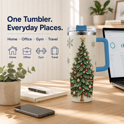 #pl[40oz|Blue] Classic Tree 40oz Tumbler with Handle, Holiday Stainless Steel Travel Cup