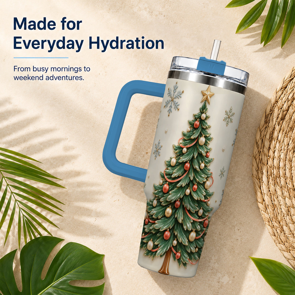 #pl[40oz|Blue] Classic Tree 40oz Tumbler with Handle, Holiday Stainless Steel Travel Cup