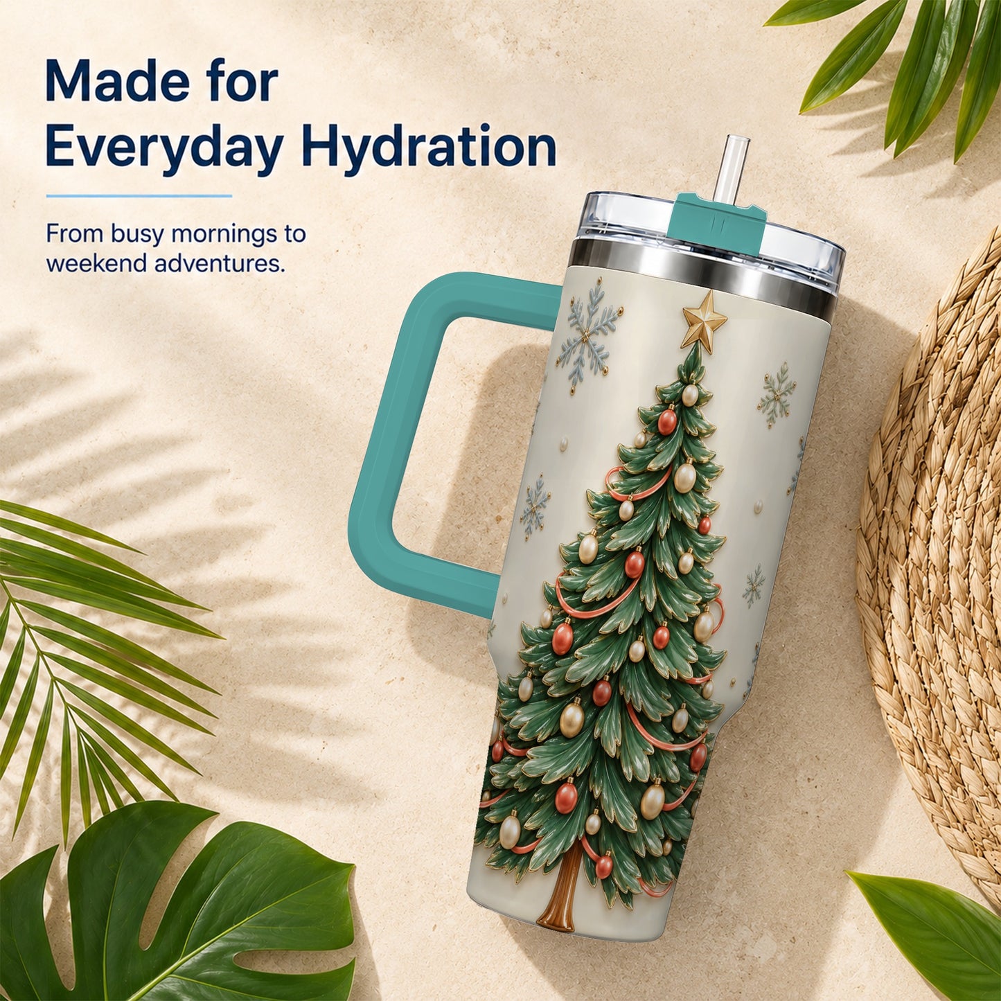 #pl[40oz|Green] Classic Tree 40oz Tumbler with Handle, Holiday Stainless Steel Travel Cup