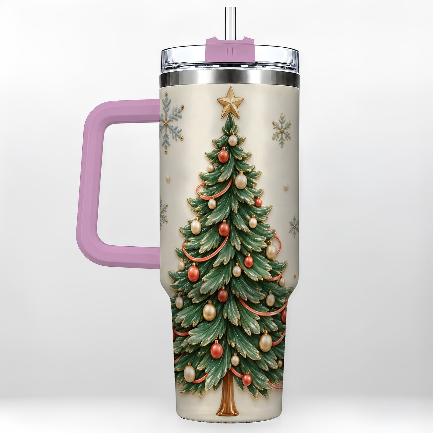 #pl[40oz|Pink] Classic Tree 40oz Tumbler with Handle, Holiday Stainless Steel Travel Cup