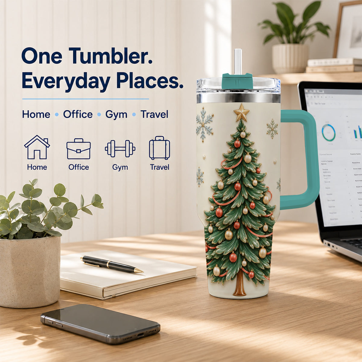 #pl[40oz|Green] Classic Tree 40oz Tumbler with Handle, Holiday Stainless Steel Travel Cup