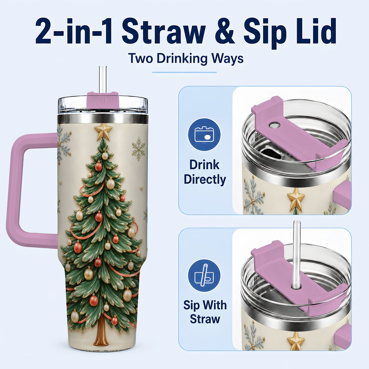 #pl[40oz|Pink] Classic Tree 40oz Tumbler with Handle, Holiday Stainless Steel Travel Cup