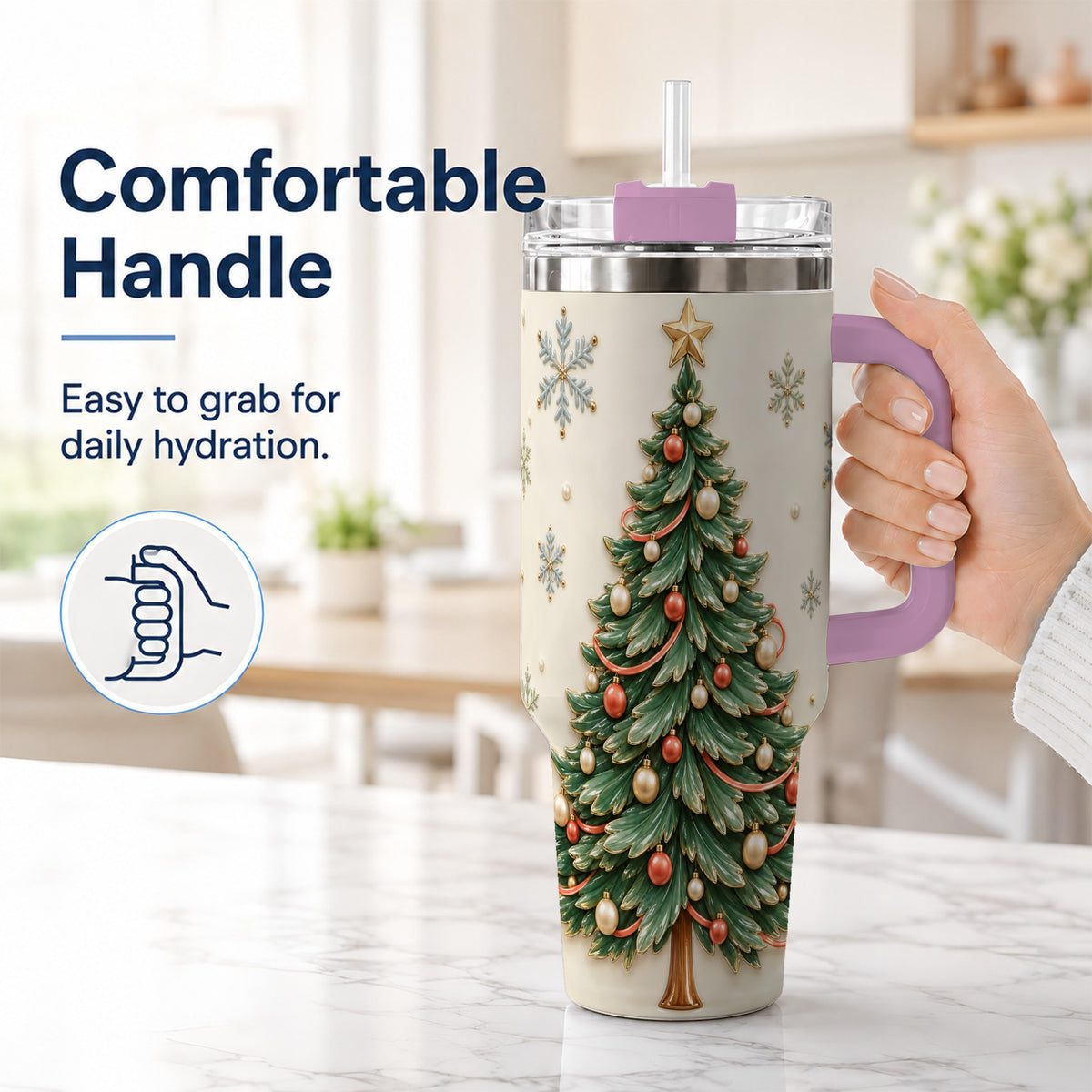 #pl[40oz|Pink] Classic Tree 40oz Tumbler with Handle, Holiday Stainless Steel Travel Cup