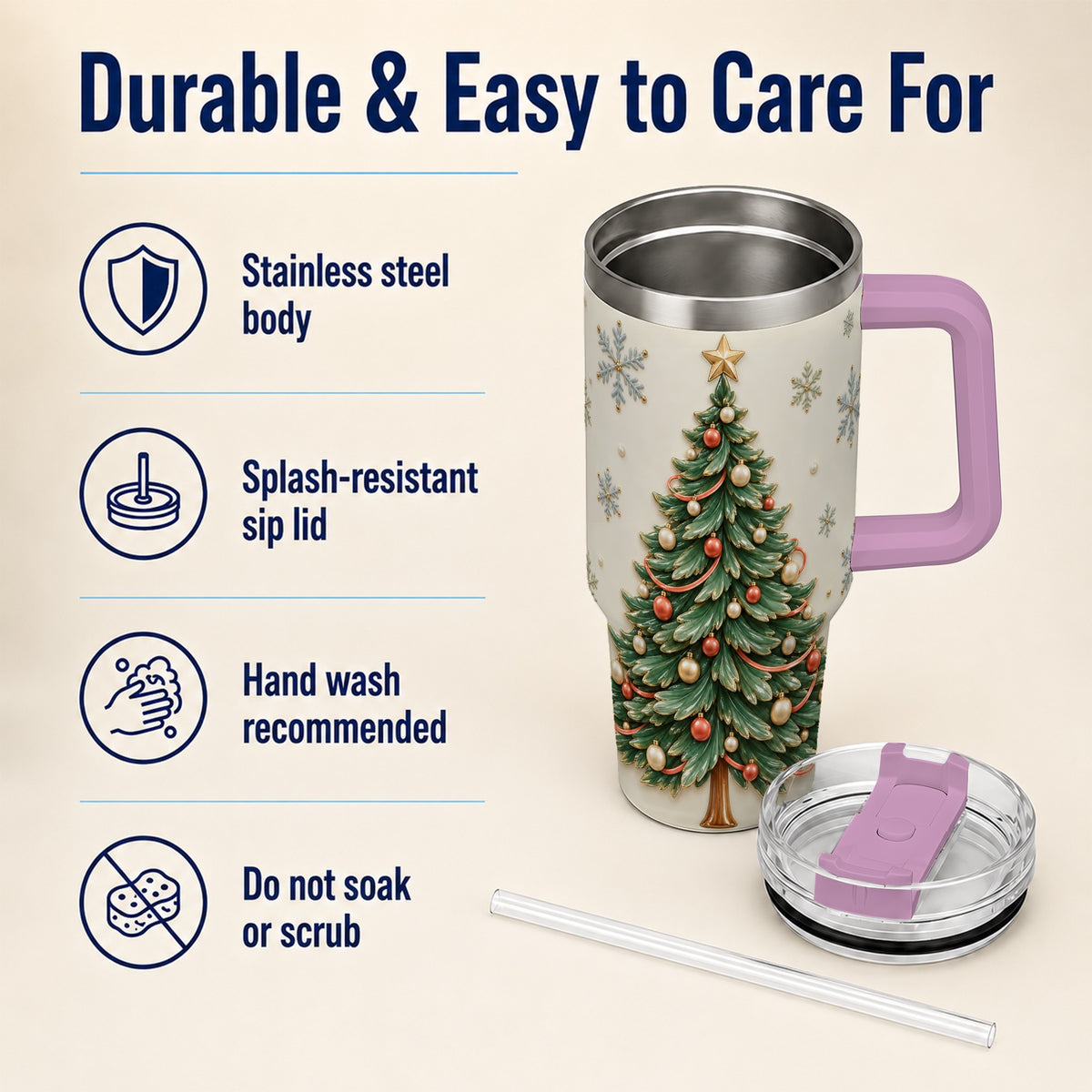 #pl[40oz|Pink] Classic Tree 40oz Tumbler with Handle, Holiday Stainless Steel Travel Cup