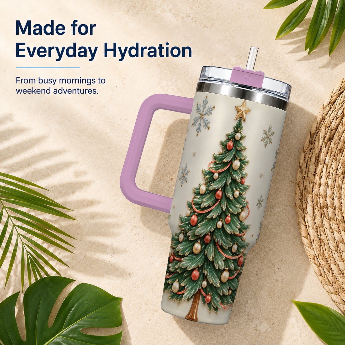 #pl[40oz|Pink] Classic Tree 40oz Tumbler with Handle, Holiday Stainless Steel Travel Cup
