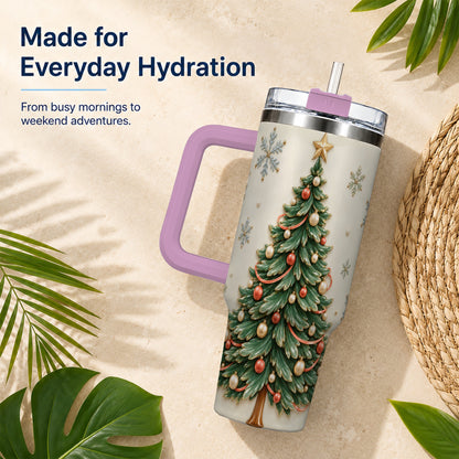 #pl[40oz|Pink] Classic Tree 40oz Tumbler with Handle, Holiday Stainless Steel Travel Cup