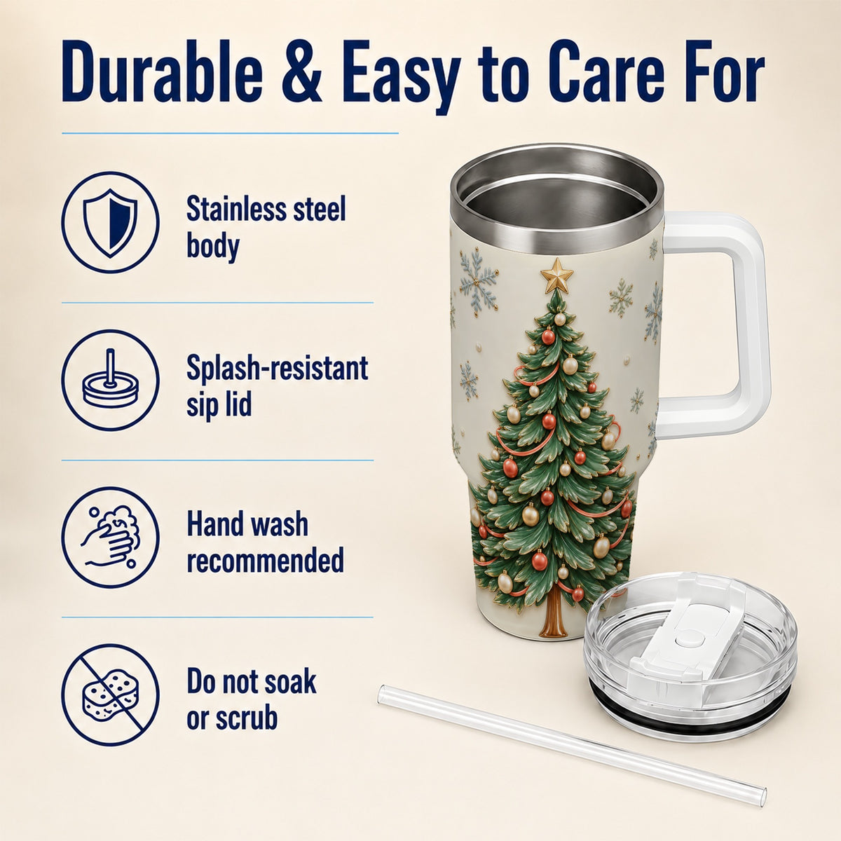 #pl[40oz|White] Classic Tree 40oz Tumbler with Handle, Holiday Stainless Steel Travel Cup