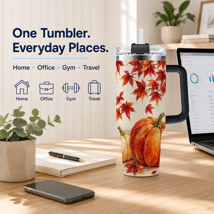 #pl[40oz|Black] Autumn Pumpkin 40oz Tumbler with Handle, Maple Stainless Steel Travel Cup