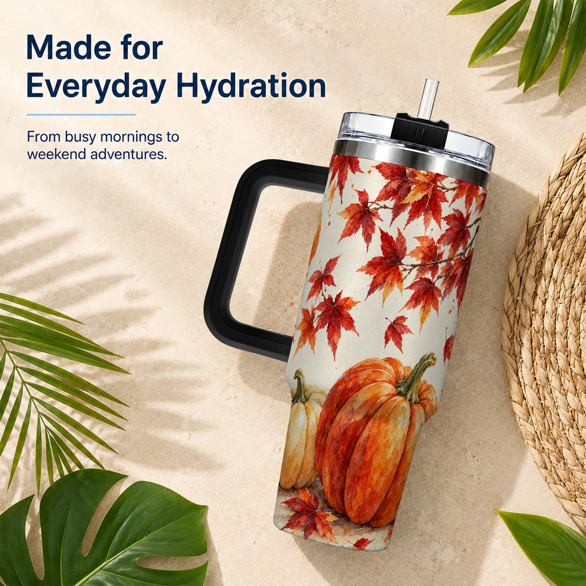 #pl[40oz|Black] Autumn Pumpkin 40oz Tumbler with Handle, Maple Stainless Steel Travel Cup