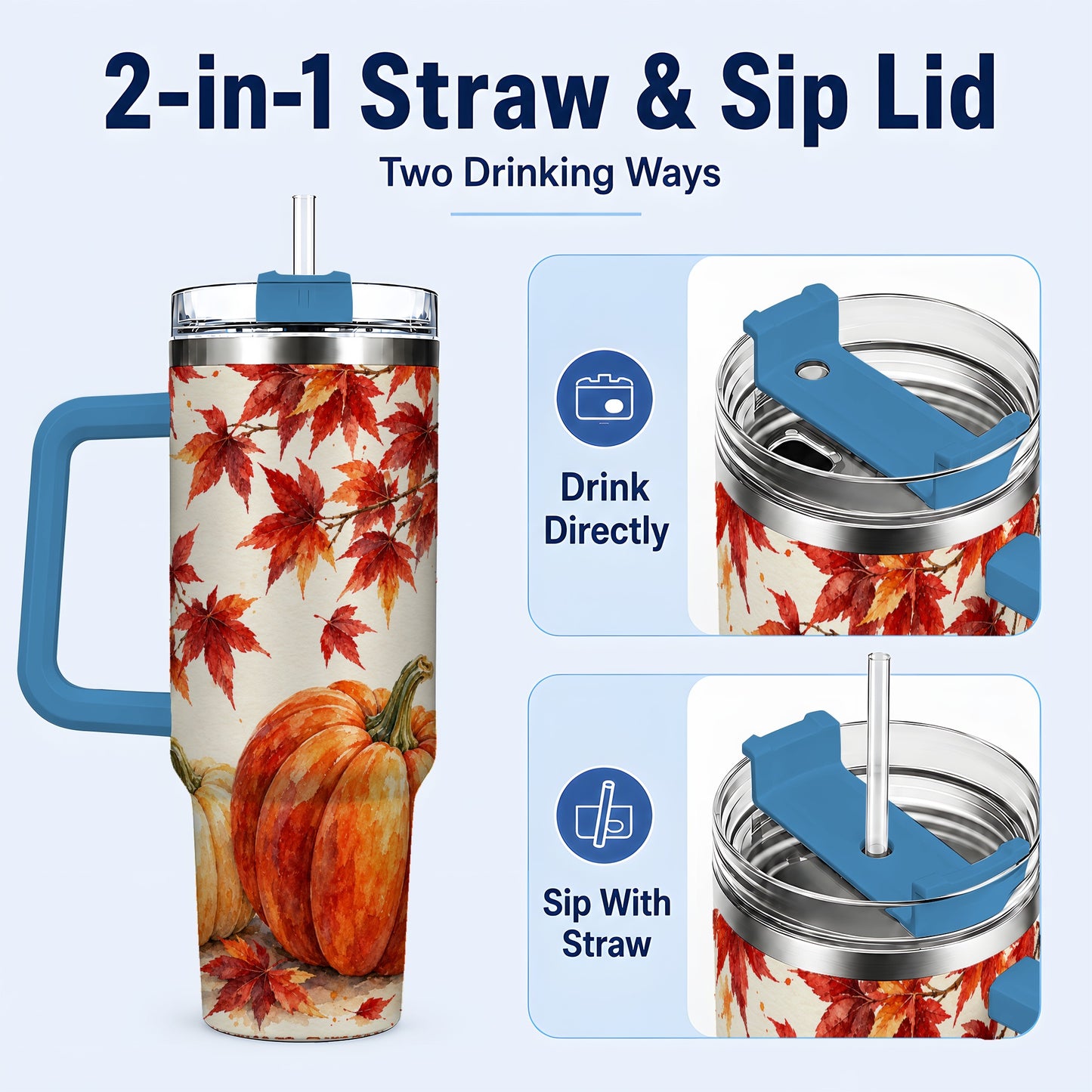 #pl[40oz|Blue] Autumn Pumpkin 40oz Tumbler with Handle, Maple Stainless Steel Travel Cup