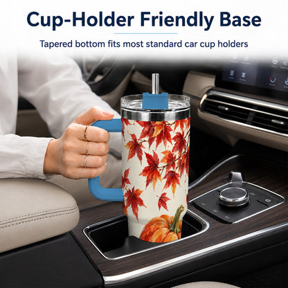 #pl[40oz|Blue] Autumn Pumpkin 40oz Tumbler with Handle, Maple Stainless Steel Travel Cup