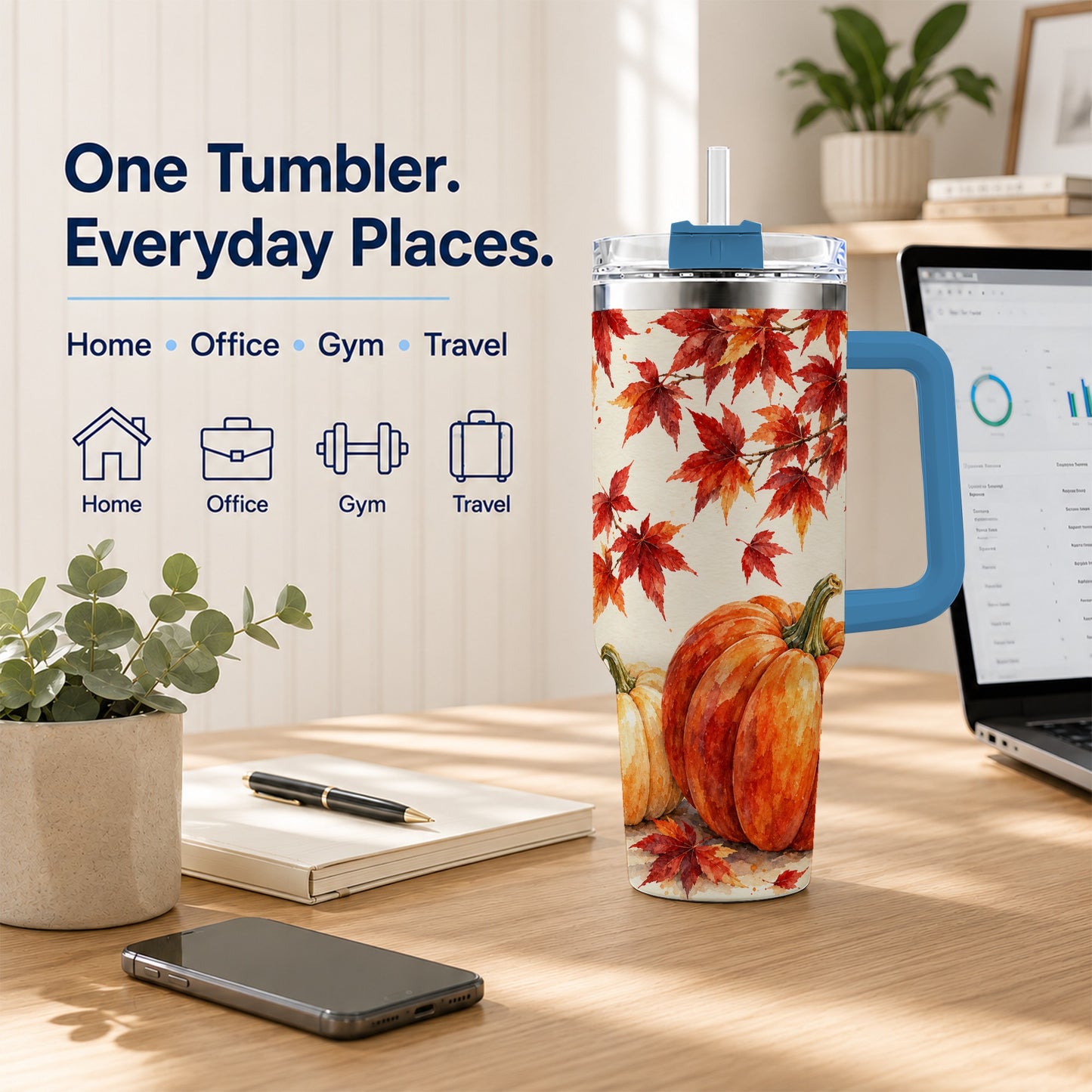 #pl[40oz|Blue] Autumn Pumpkin 40oz Tumbler with Handle, Maple Stainless Steel Travel Cup
