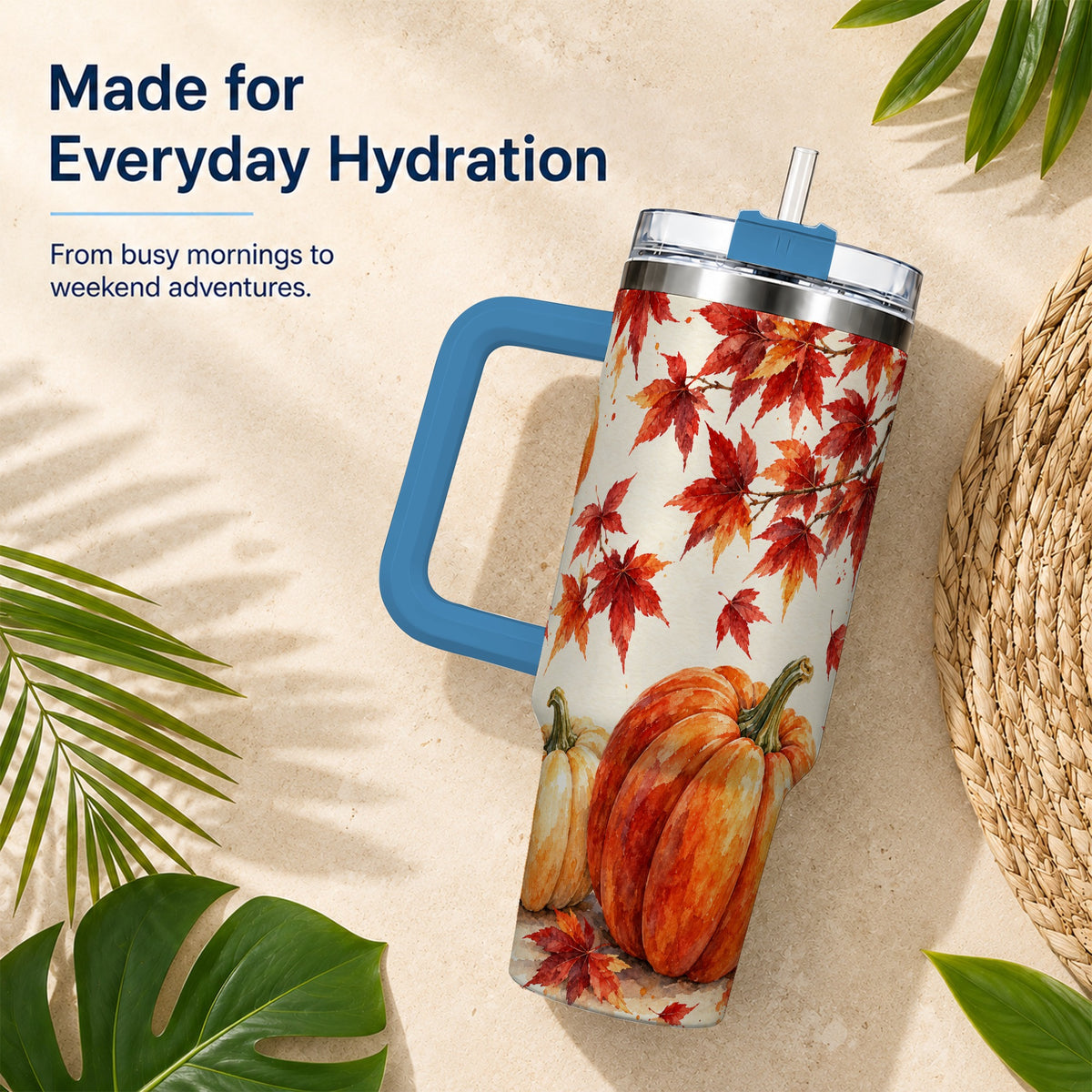 #pl[40oz|Blue] Autumn Pumpkin 40oz Tumbler with Handle, Maple Stainless Steel Travel Cup