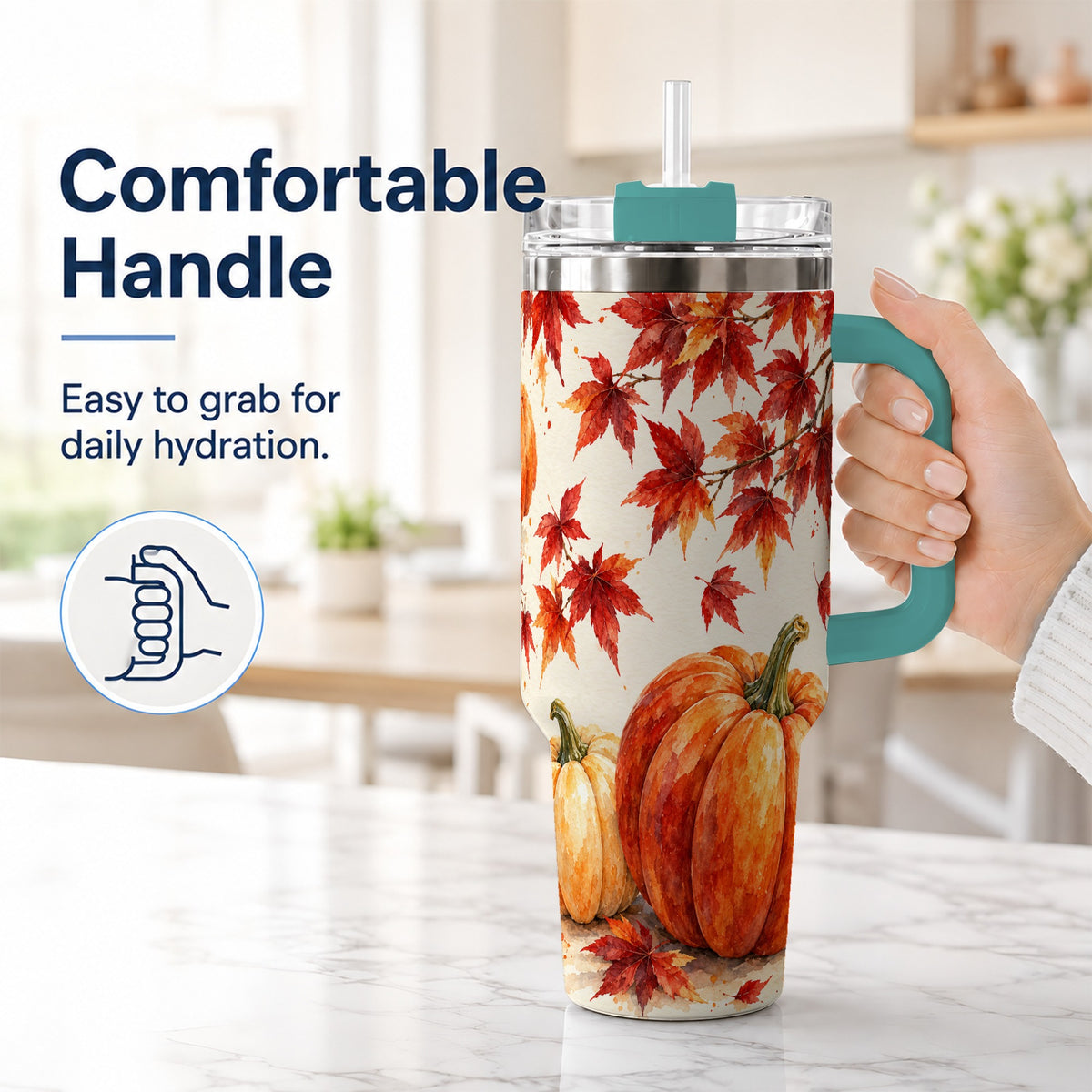 #pl[40oz|Green] Autumn Pumpkin 40oz Tumbler with Handle, Maple Stainless Steel Travel Cup