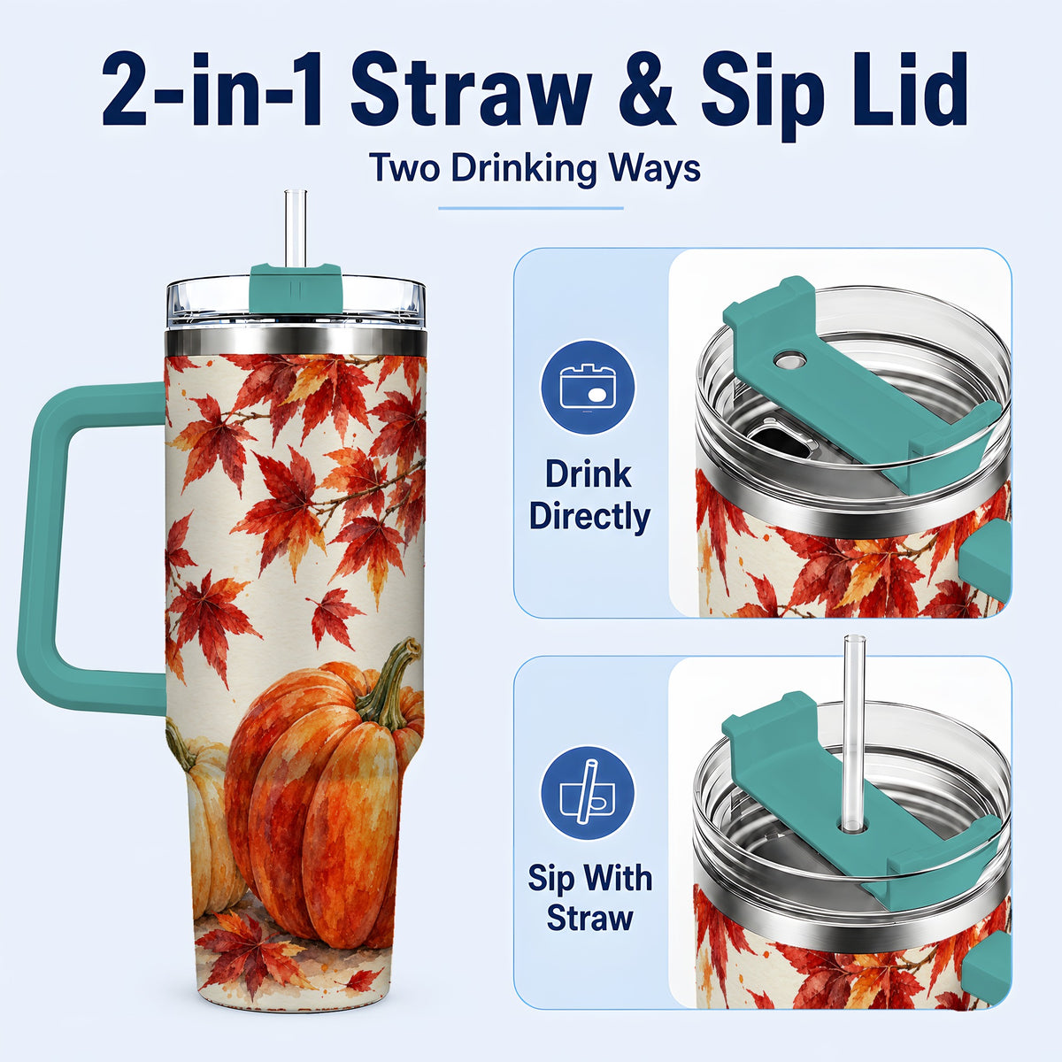 #pl[40oz|Green] Autumn Pumpkin 40oz Tumbler with Handle, Maple Stainless Steel Travel Cup