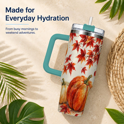 #pl[40oz|Green] Autumn Pumpkin 40oz Tumbler with Handle, Maple Stainless Steel Travel Cup
