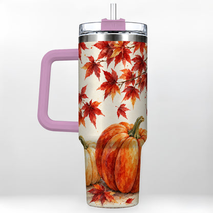 #pl[40oz|Pink] Autumn Pumpkin 40oz Tumbler with Handle, Maple Stainless Steel Travel Cup