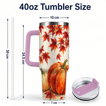 #pl[40oz|Pink] Autumn Pumpkin 40oz Tumbler with Handle, Maple Stainless Steel Travel Cup
