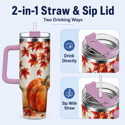 #pl[40oz|Pink] Autumn Pumpkin 40oz Tumbler with Handle, Maple Stainless Steel Travel Cup