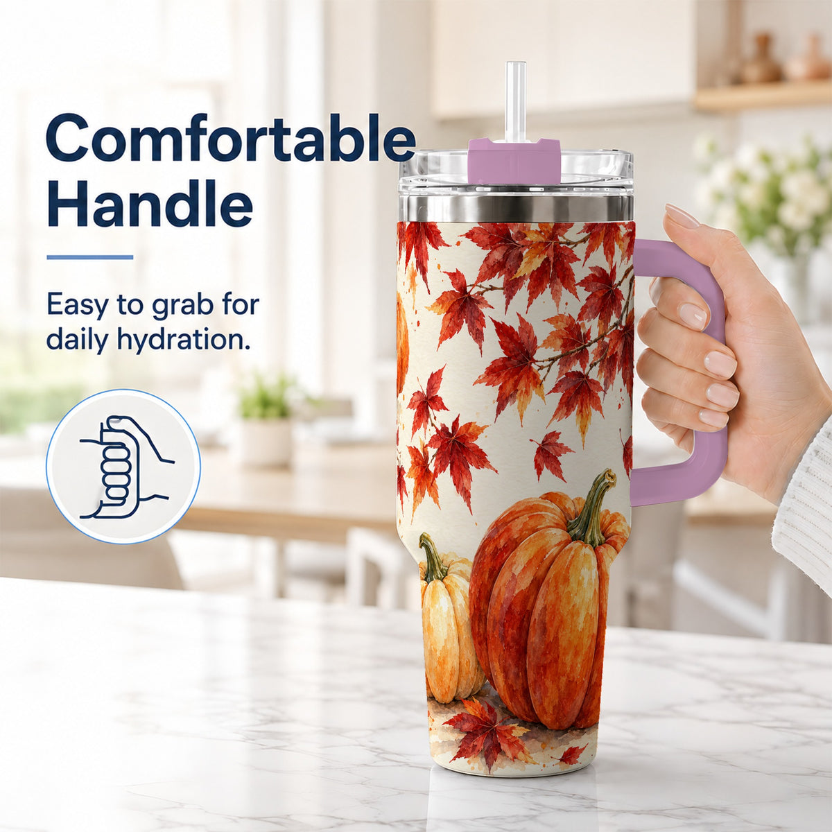 #pl[40oz|Pink] Autumn Pumpkin 40oz Tumbler with Handle, Maple Stainless Steel Travel Cup